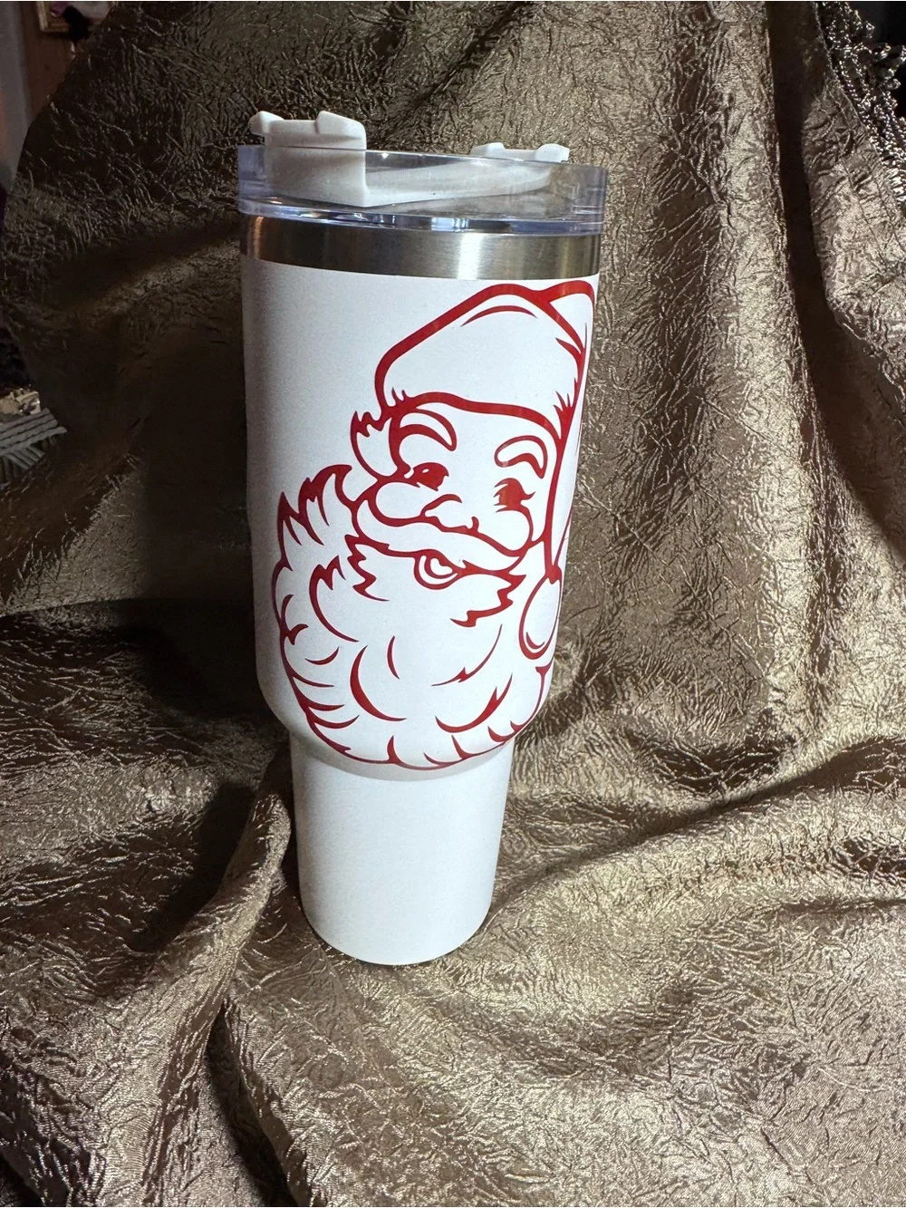 White Tumbler with Red Santa Graphic